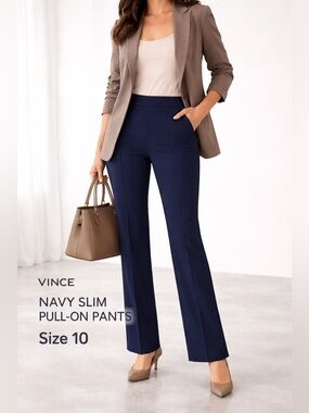 Vince Navy Pull-On Slim Pants | Size 10 | Stretch Minimalist Chic